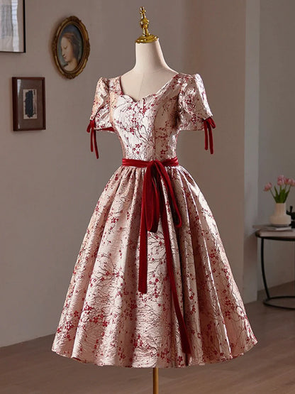 A-Line Floral Satin Short Prom Dress, Cute Short Sleeve Evening Homecoming Dress TP810