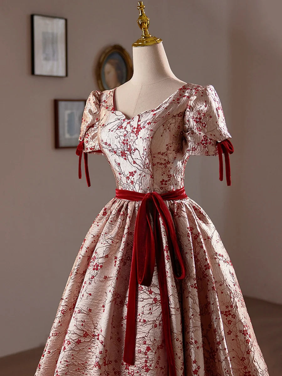 A-Line Floral Satin Short Prom Dress, Cute Short Sleeve Evening Homecoming Dress TP810