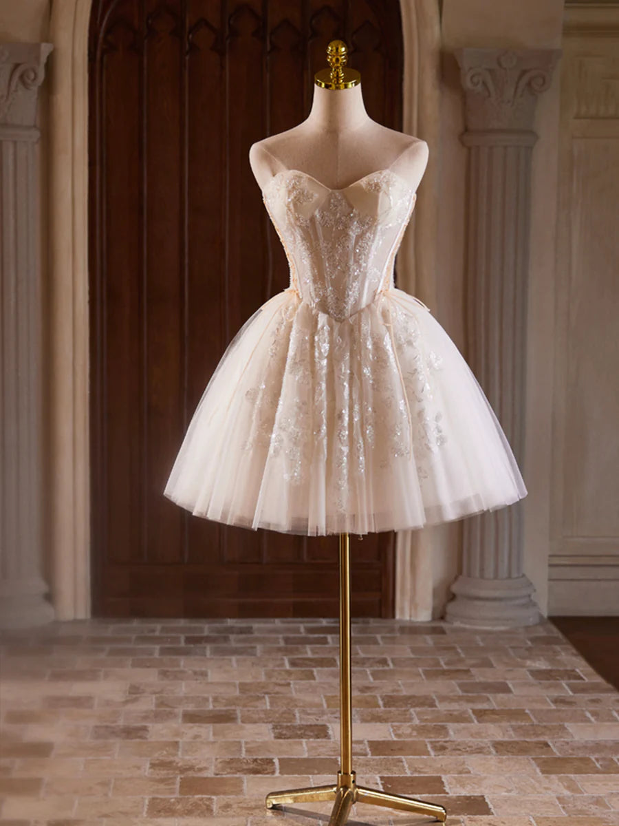 Champagne Strapless Tulle Sequins Short Prom Dress, Lovely Sweetheart Homecoming Party Dress TP816