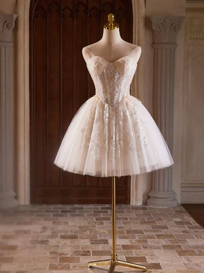 Champagne Strapless Tulle Sequins Short Prom Dress, Lovely Sweetheart Homecoming Party Dress TP816