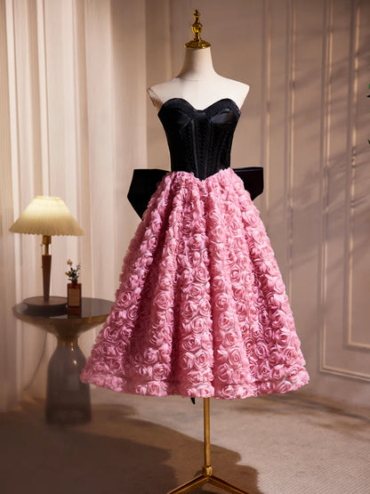 Black Satin and Pink Ruffle Flower Short Prom Dress, Lovely A-Line Strapless Bow Party Cocktail Dress TP820