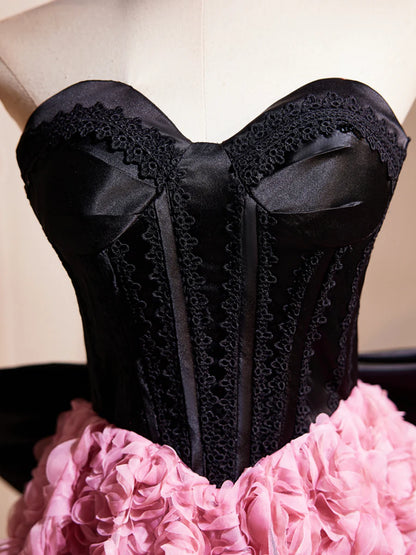Black Satin and Pink Ruffle Flower Short Prom Dress, Lovely A-Line Strapless Bow Party Cocktail Dress TP820