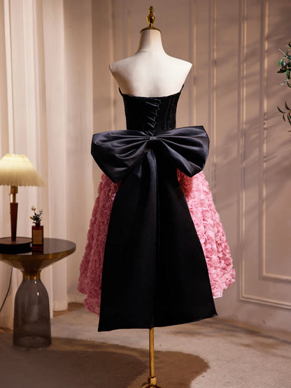 Black Satin and Pink Ruffle Flower Short Prom Dress, Lovely A-Line Strapless Bow Party Cocktail Dress TP820