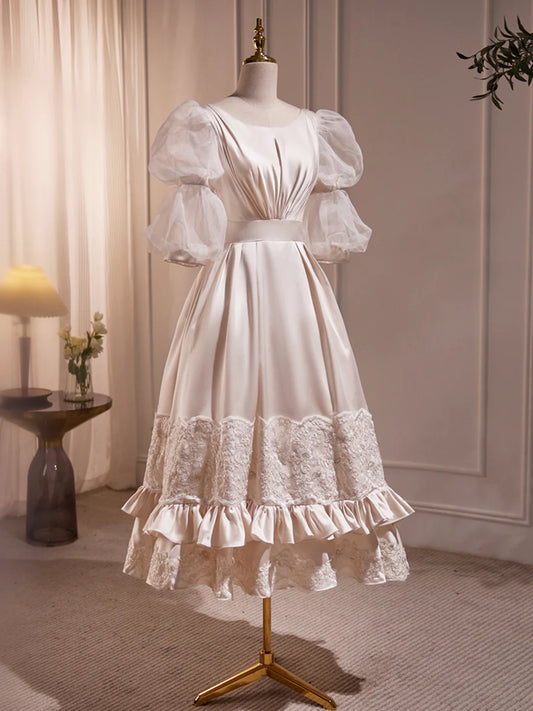Beautiful Scoop Neck Tea Length Prom Dress, A-Line Puffy Short Sleeve Backless Party Dress TP832