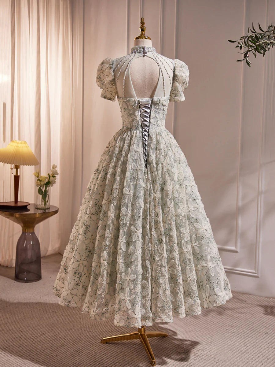 Beautiful Beading Pearl Sequins Green Prom Dresses, High Neckline Tea Length Sage Green Party Dress TP836