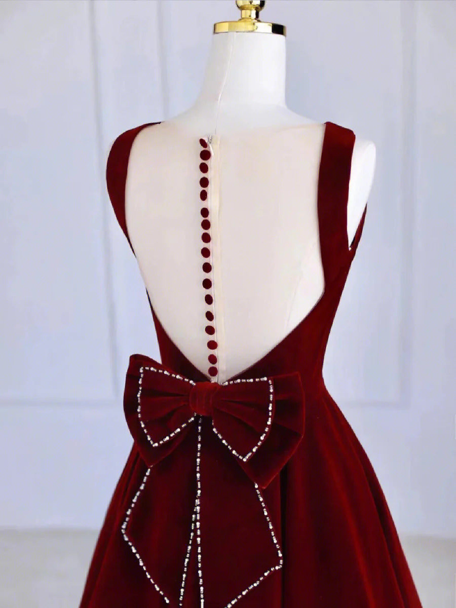 Burgundy Tea Length Velvet Prom Dress with Bowknot, Burgundy Evening Party Dress TP839