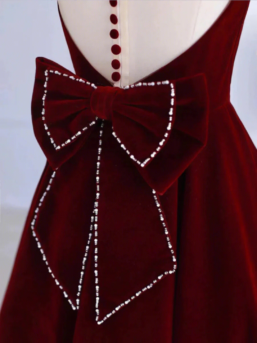 Burgundy Tea Length Velvet Prom Dress with Bowknot, Burgundy Evening Party Dress TP839