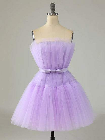 Purple Strapless Tulle Knee Length Party Dress, A-Line Homecoming Dress TP844