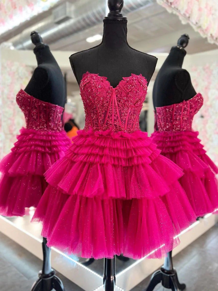 Cute Tulle Layers Short Prom Dress, Lace Strapless Homecoming Dress TP853