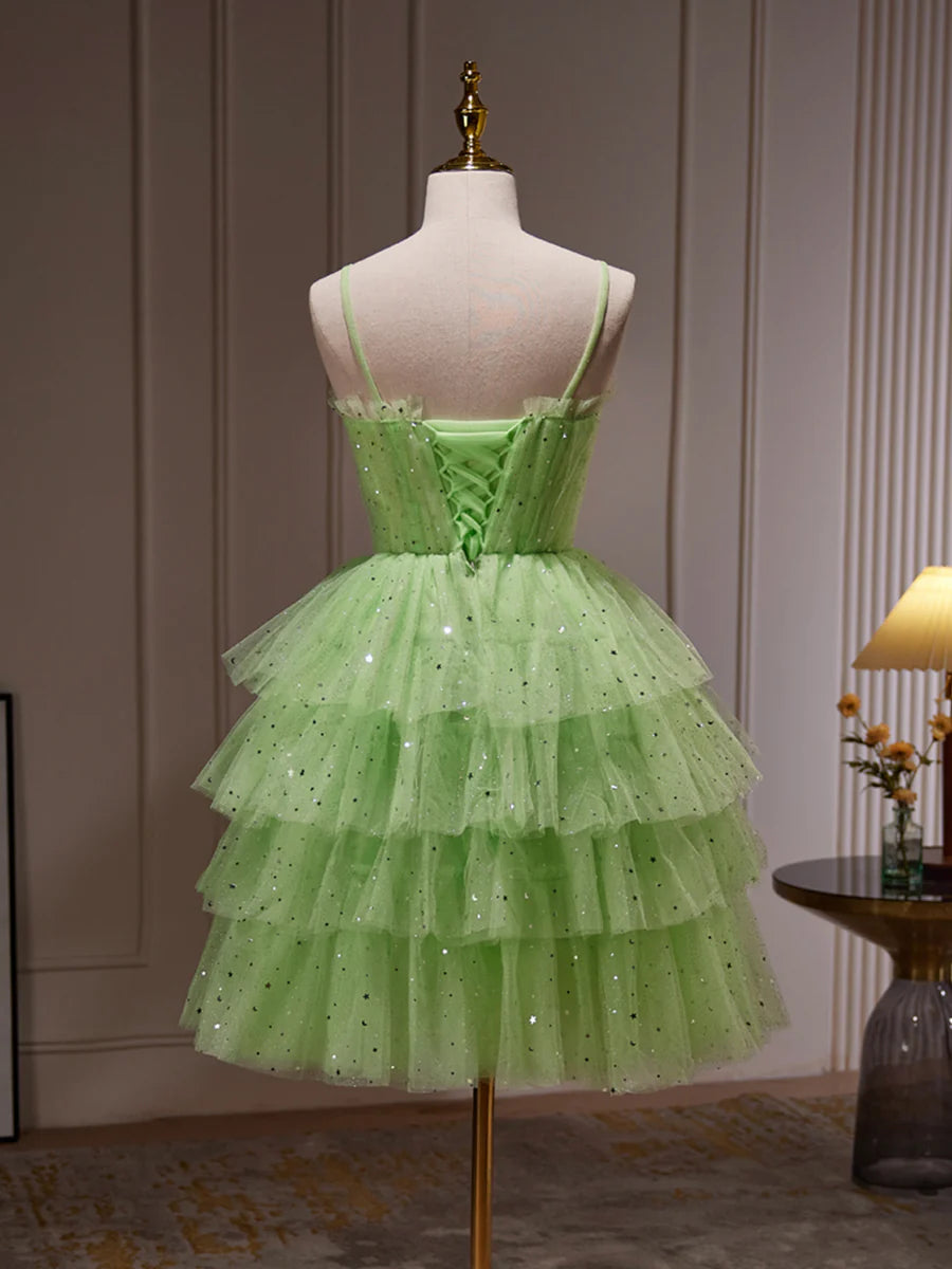 Green Tulle Straps Short Party Dress, Light Green Homecoming Dress TP856