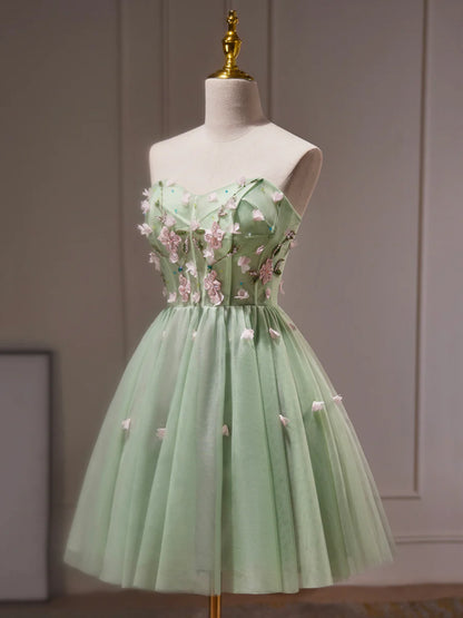 Green Tulle Beaded Party Dress, Green Short Prom Dress with Flowers TP857