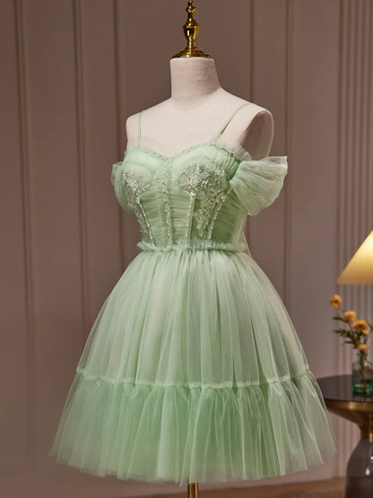 Green Tulle Lace Short Prom Dress, Cute Homecoming Dress, Green Party Dress TP859