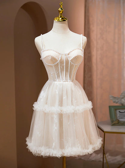 Champagne Spaghetti Strap Party Dress, Cute A-Line Evening Dress with Pearls TP862