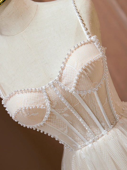 Champagne Spaghetti Strap Party Dress, Cute A-Line Evening Dress with Pearls TP862