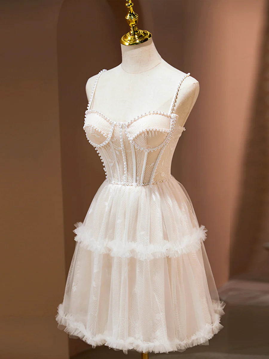 Champagne Spaghetti Strap Party Dress, Cute A-Line Evening Dress with Pearls TP862