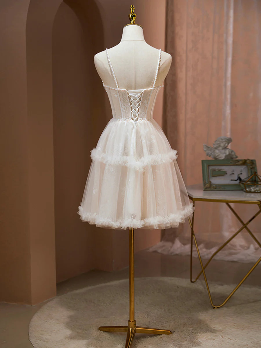Champagne Spaghetti Strap Party Dress, Cute A-Line Evening Dress with Pearls TP862