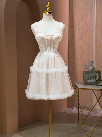Champagne Spaghetti Strap Party Dress, Cute A-Line Evening Dress with Pearls TP862