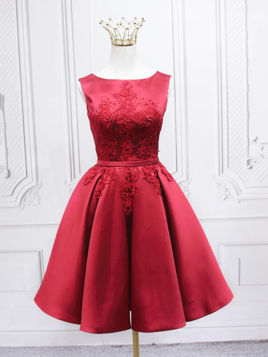Burgundy Satin Lace Short Prom Dress, A-Line Homecoming Dress TP867
