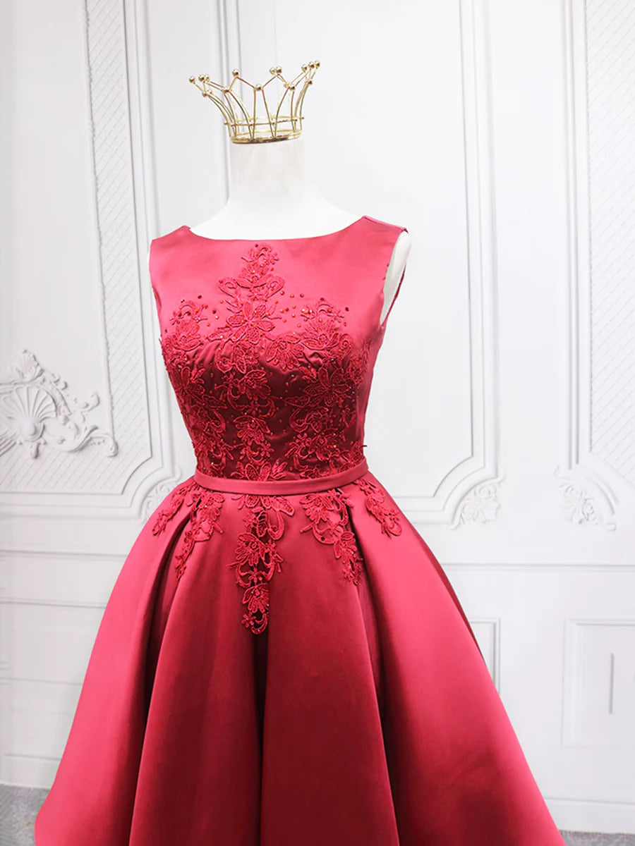 Burgundy Satin Lace Short Prom Dress, A-Line Homecoming Dress TP867