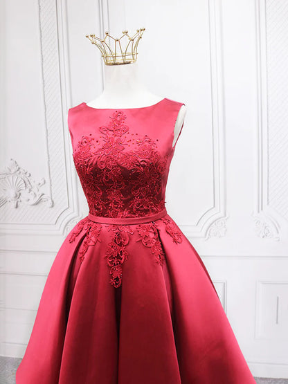 Burgundy Satin Lace Short Prom Dress, A-Line Homecoming Dress TP867