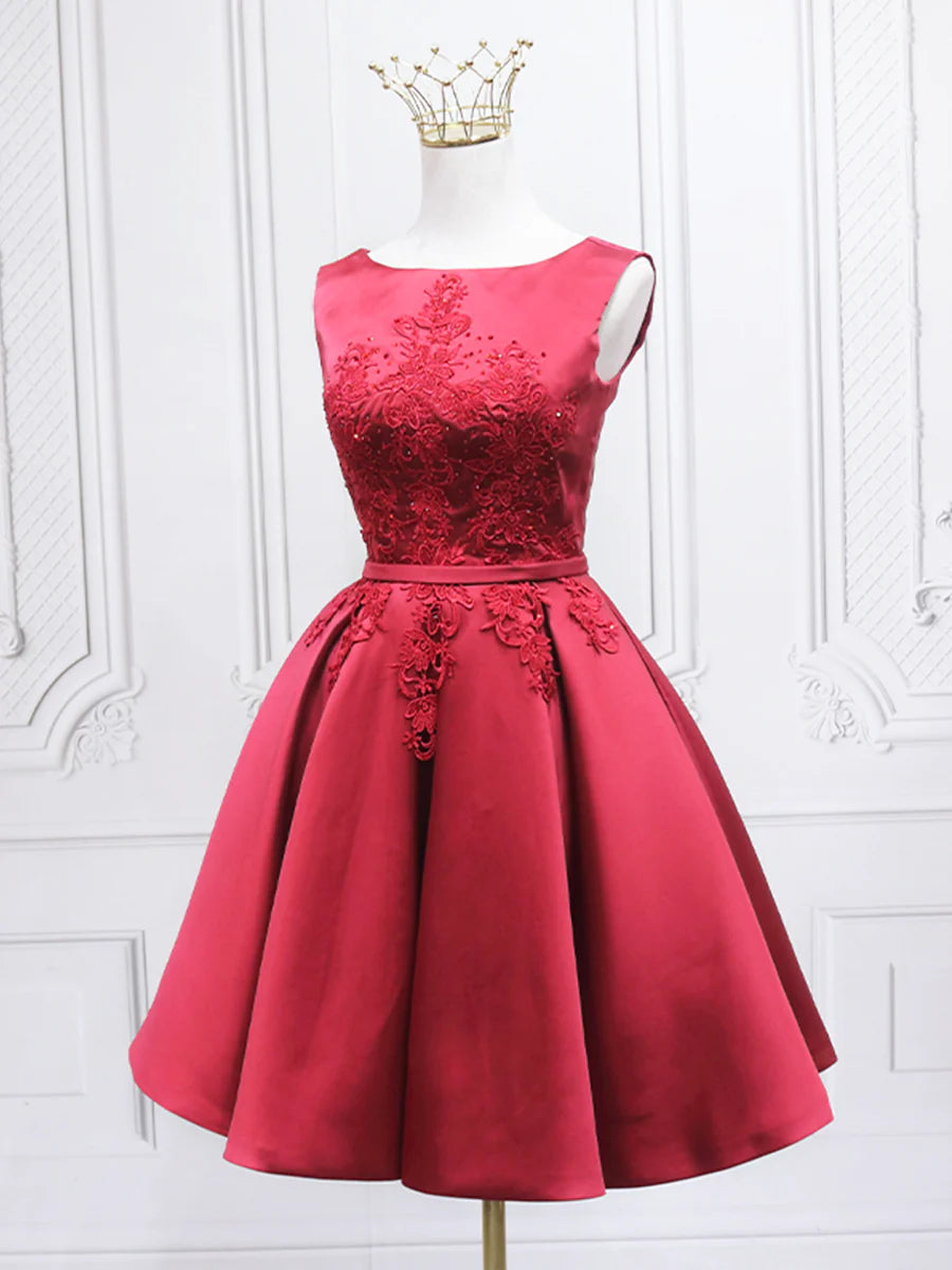 Burgundy Satin Lace Short Prom Dress, A-Line Homecoming Dress TP867