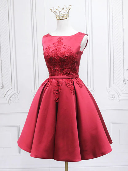 Burgundy Satin Lace Short Prom Dress, A-Line Homecoming Dress TP867