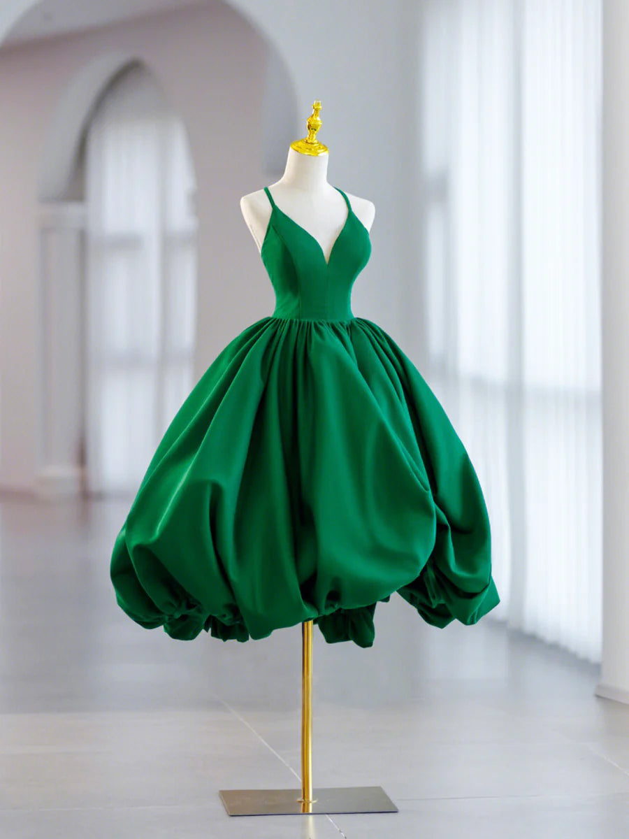 Green V-Neck Satin Short Prom Dress, A-Line Green Evening Dress TP869