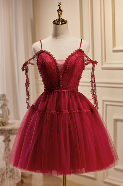 Burgundy Lace Short A-line Prom Dress, Cute Spaghetti Strap Party Dress TP873
