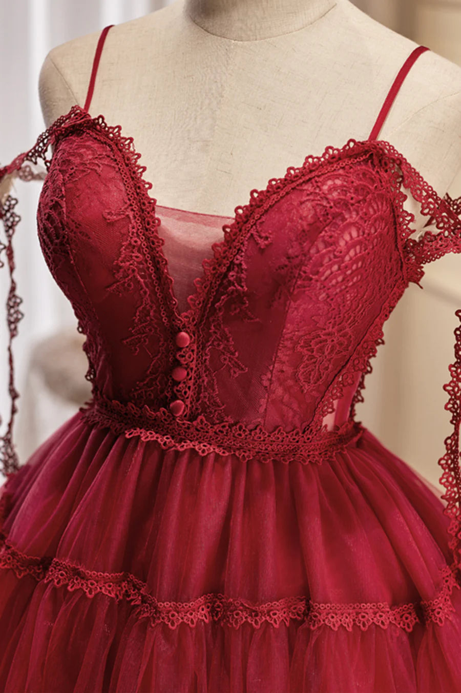 Burgundy Lace Short A-line Prom Dress, Cute Spaghetti Strap Party Dress TP873