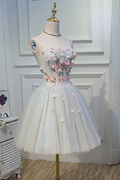 Lovely Strapless Tulle Lace Knee Length Prom Dress, A-Line Party Dress TP875