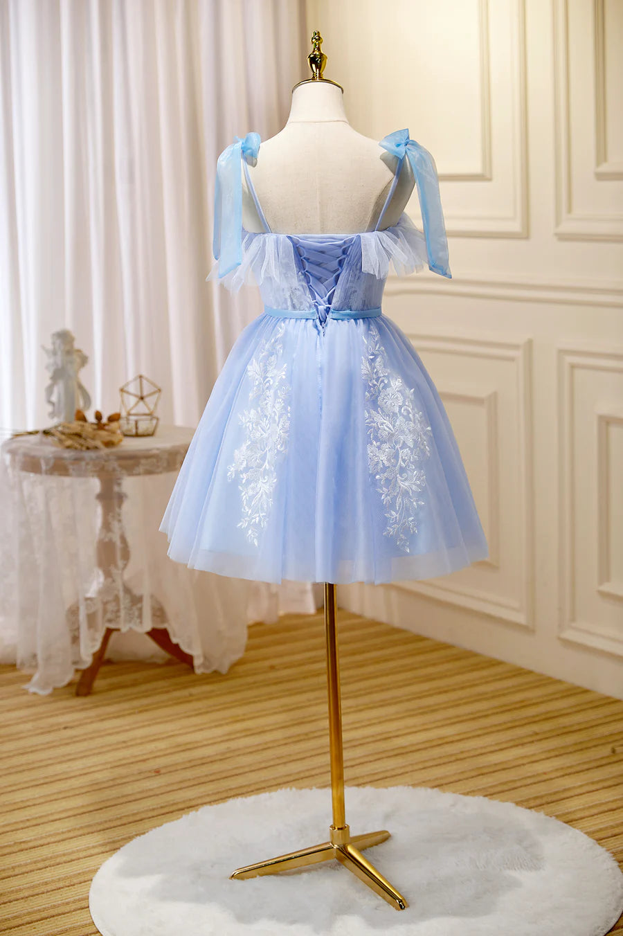 Blue Lace Knee Length Prom Dress, Lovely A-Line Homecoming Dress TP877