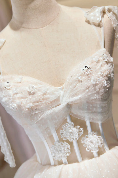 Champagne Lace Short Party Dress, A-Line Spaghetti Strap Evening Dress TP882