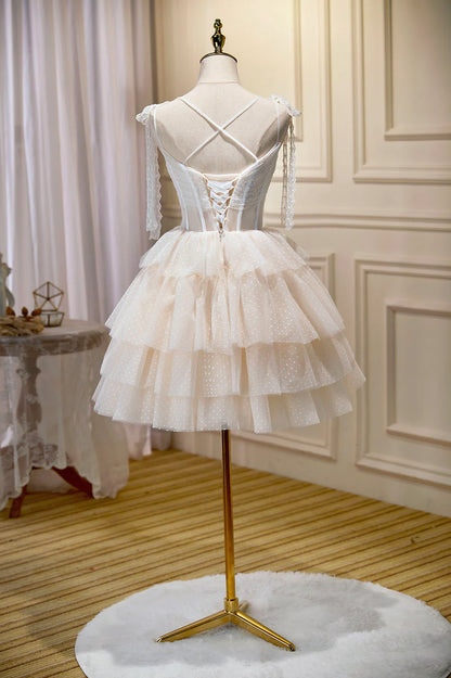 Champagne Lace Short Party Dress, A-Line Spaghetti Strap Evening Dress TP882