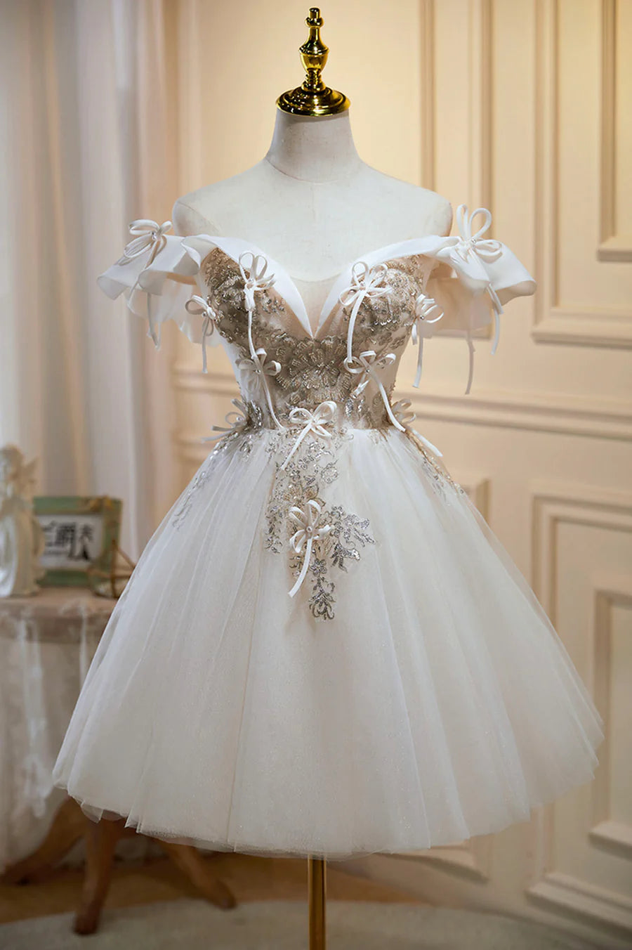Champagne Lace Short Prom Dress, A-Line Homecoming Party Dress TP885