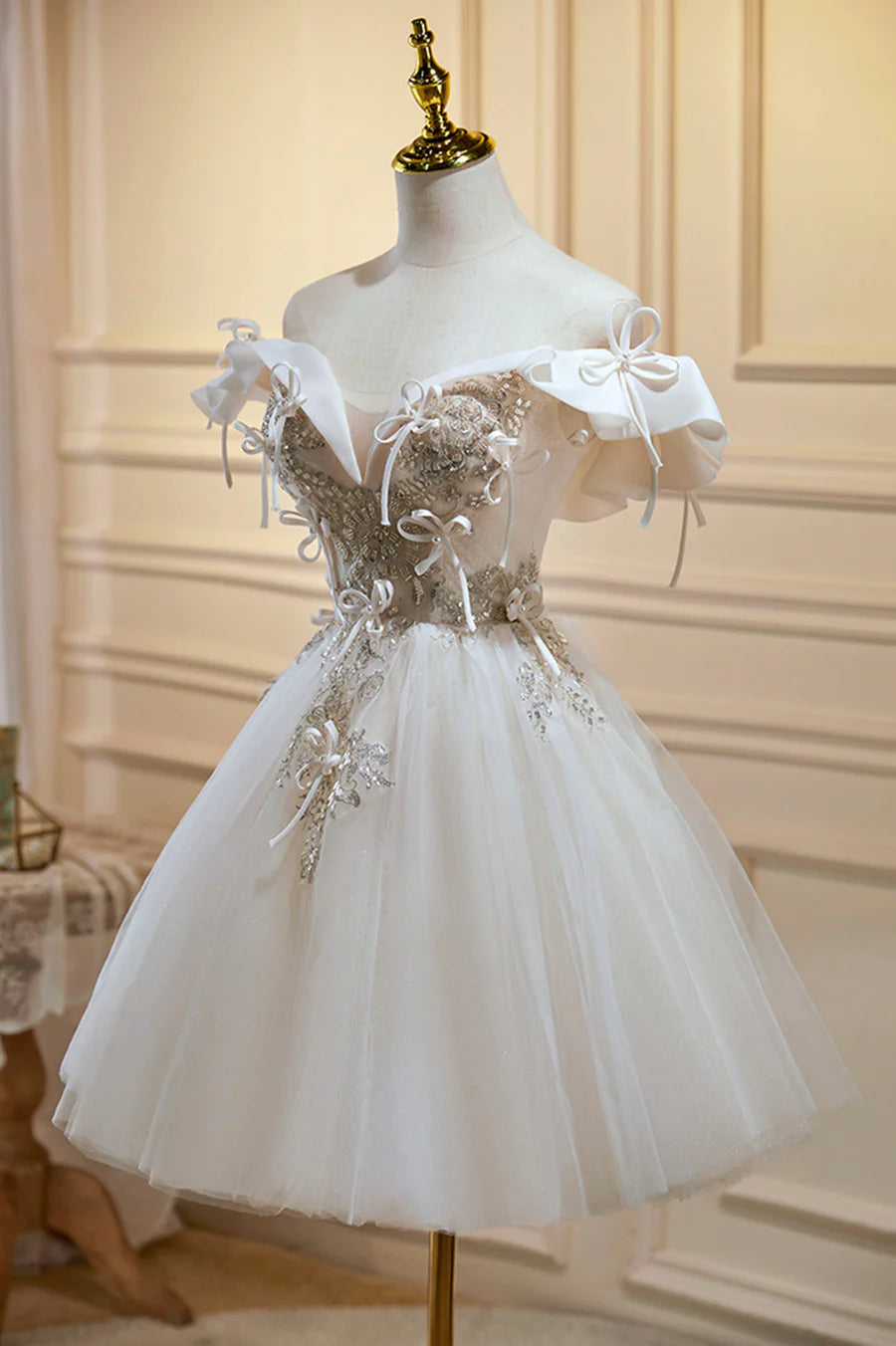 Champagne Lace Short Prom Dress, A-Line Homecoming Party Dress TP885