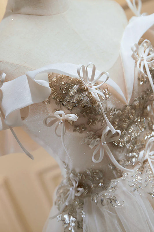 Champagne Lace Short Prom Dress, A-Line Homecoming Party Dress TP885