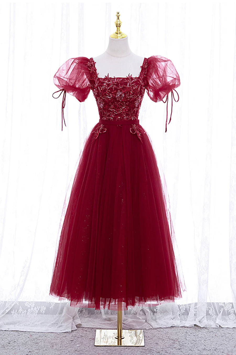 Burgundy Short Sleeve Tulle Tea Length Prom Dress, A-Line Party Dress TP893