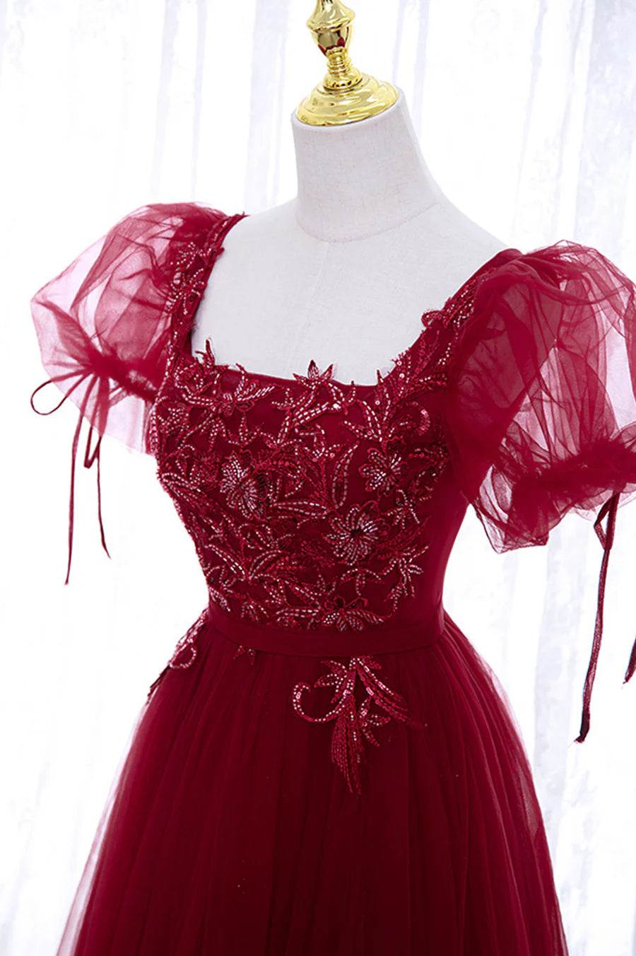 Burgundy Short Sleeve Tulle Tea Length Prom Dress, A-Line Party Dress TP893