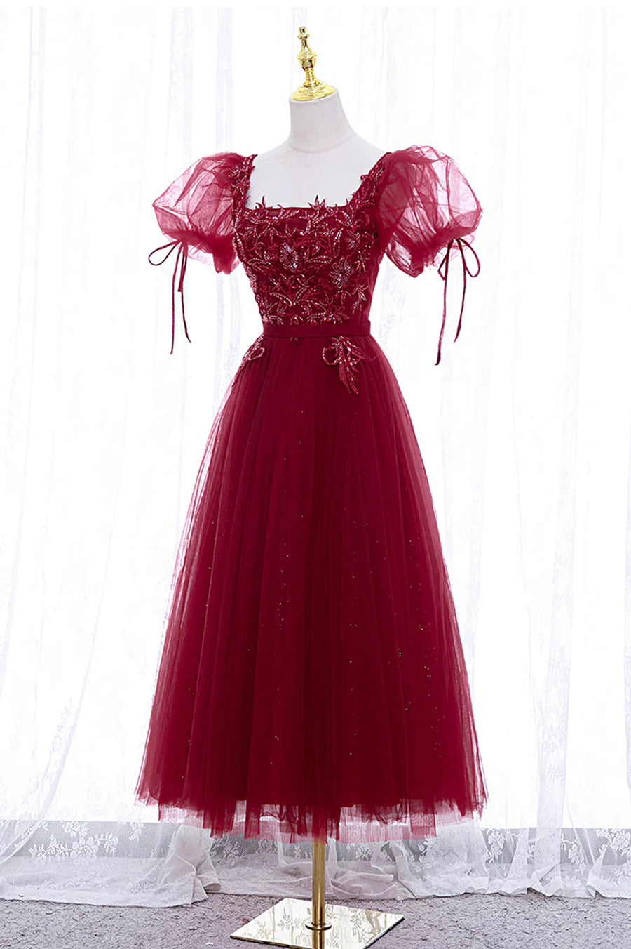 Burgundy Short Sleeve Tulle Tea Length Prom Dress, A-Line Party Dress TP893