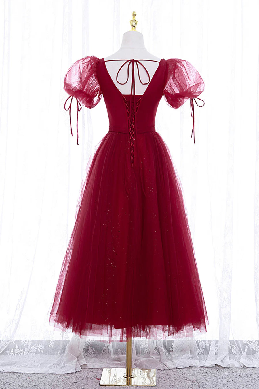 Burgundy Short Sleeve Tulle Tea Length Prom Dress, A-Line Party Dress TP893