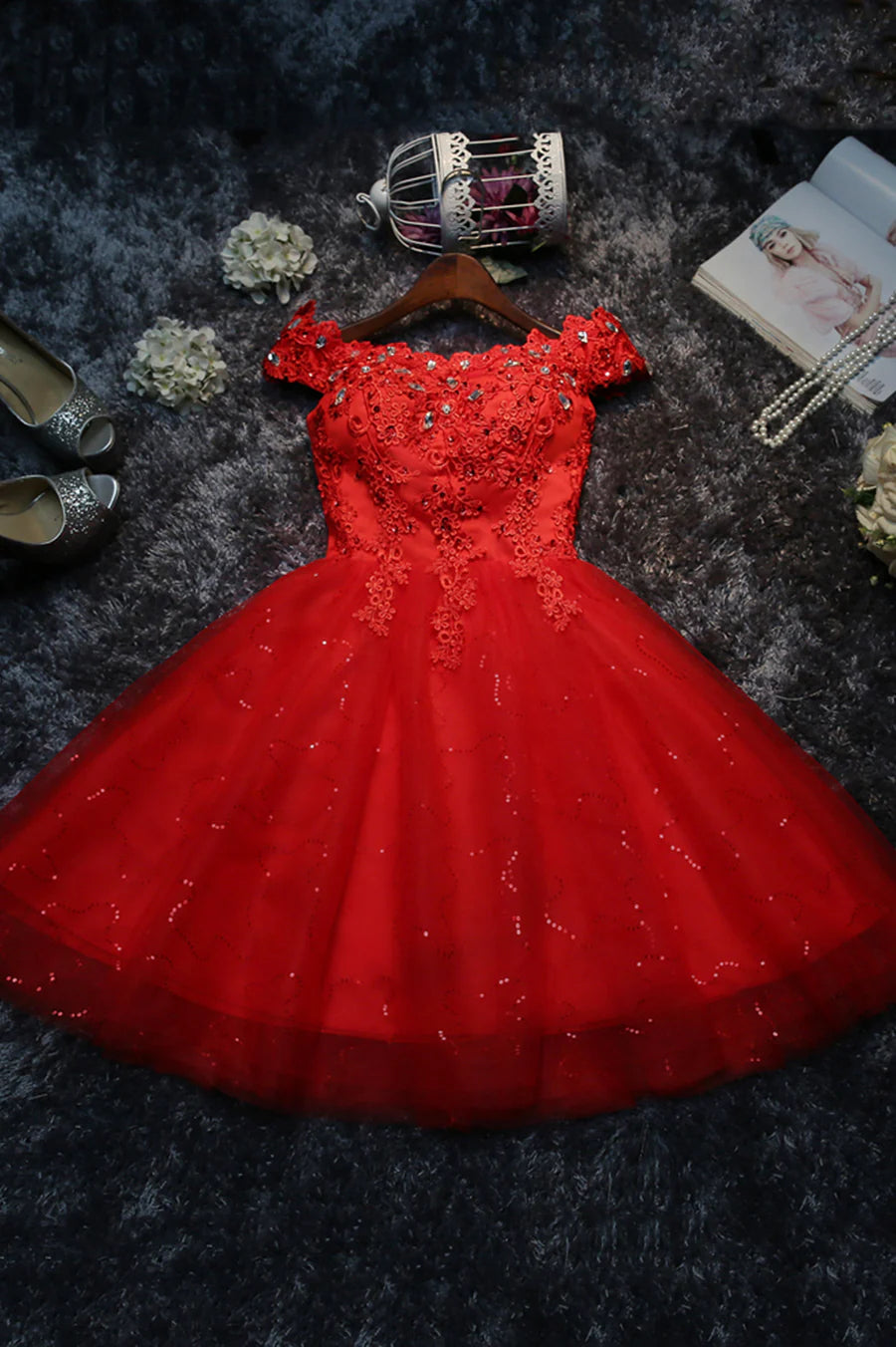 Cute Lace Short A-Line Prom Dresses, Off the Shoulder Party Dresses TP900