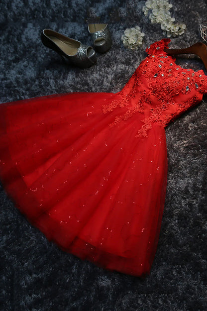 Cute Lace Short A-Line Prom Dresses, Off the Shoulder Party Dresses TP900
