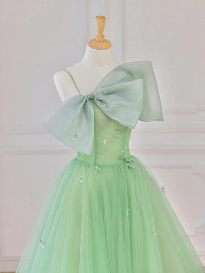 Green Tulle Short Prom Dress, A-Line Evening Dress with Bow TP907