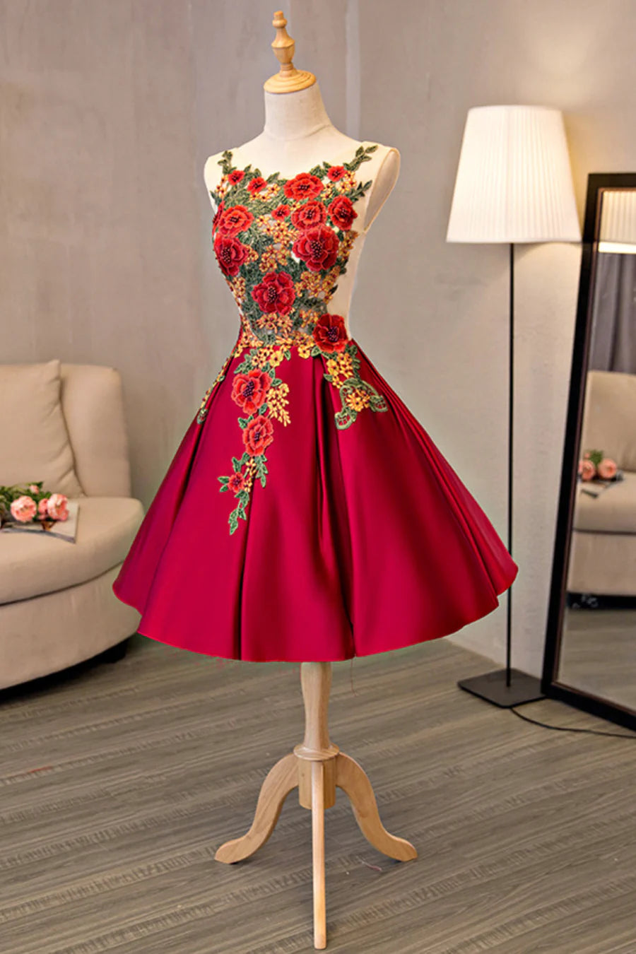 Cute Saitn Lace Short Prom Dresses, A-Line Party Dresses TP922