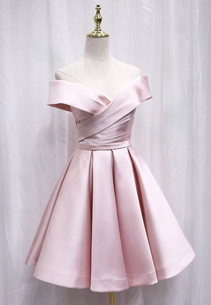 A-Line Satin Off the Shoulder Short Prom Dress, Mini Evening Party Dress TP929