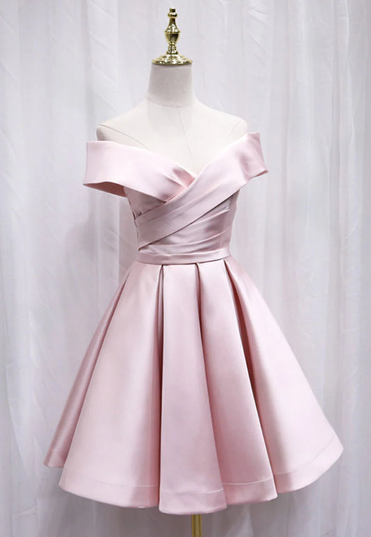 A-Line Satin Off the Shoulder Short Prom Dress, Mini Evening Party Dress TP929