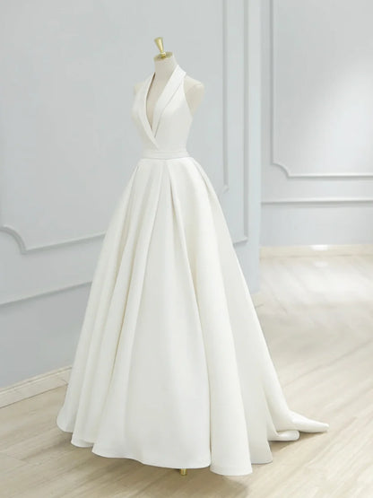 White V-Neck Satin Long Prom Dress, Elegant A-Line Formal Party Dress TP937