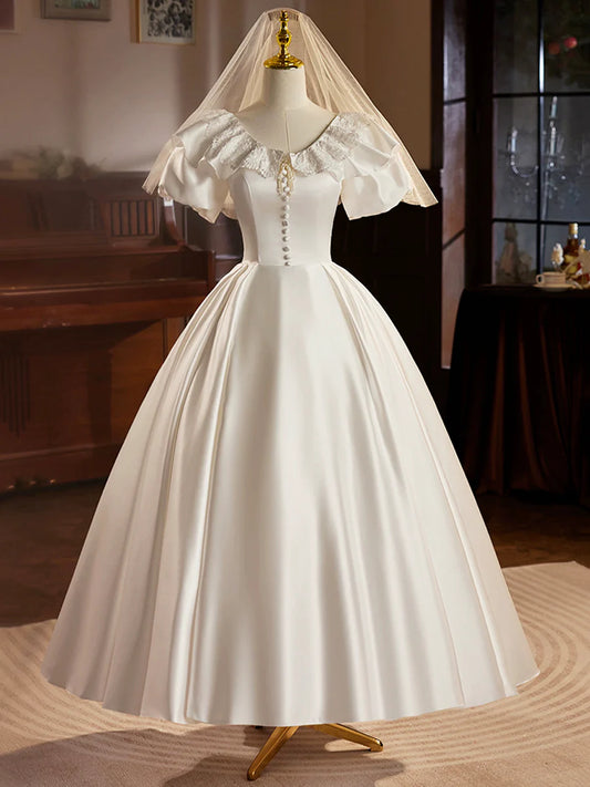 Retro Satin Tea Length Prom Dress with Lace, White A-Line Evening Party Dress TP940