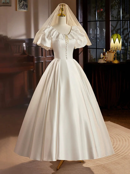 Retro Satin Tea Length Prom Dress with Lace, White A-Line Evening Party Dress TP940