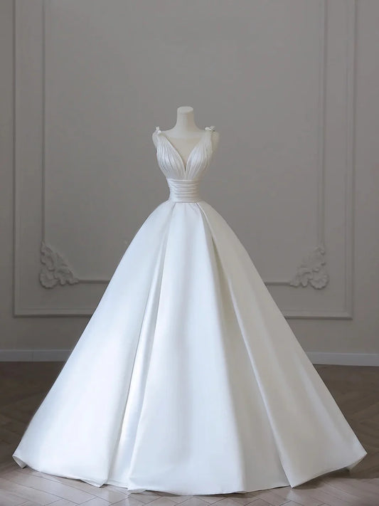 Elegant White V-Neck Satin Long A-Line Wedding Dress TP941